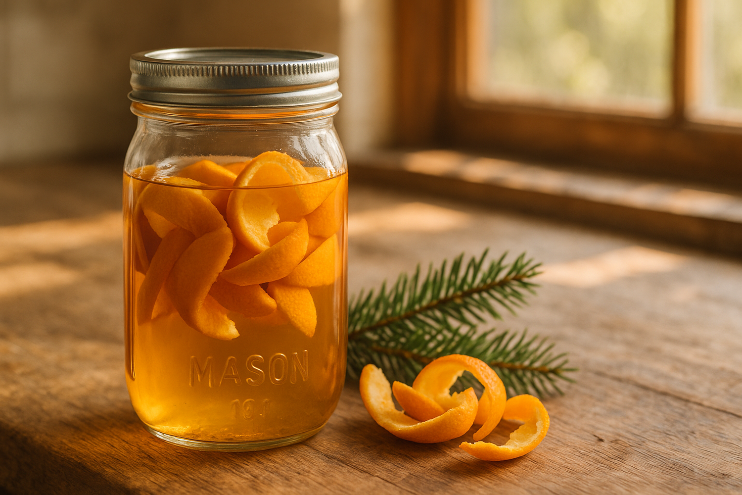 Nettoyant maison dans un pot Masson, sur un comptoir en bois avec éclairage naturel et pelure d'orange et branche de sapin à côté du pot